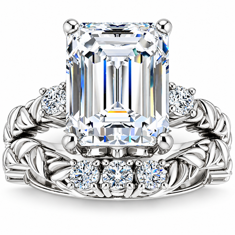 VS 5 1/2Ct Diamond & Emerald Cut Moissanite Petite Leaf Engagement Set in Gold