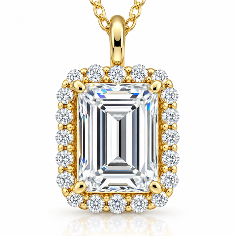 VS 3.50Ct Emerald Moissanite & Lab Grown Diamond Halo Pendant 14k Gold Necklace