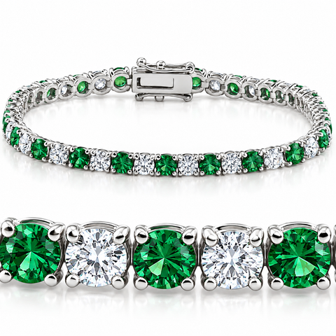 8ct Emerald & Diamond Tennis Bracelet 14K White Gold 7"