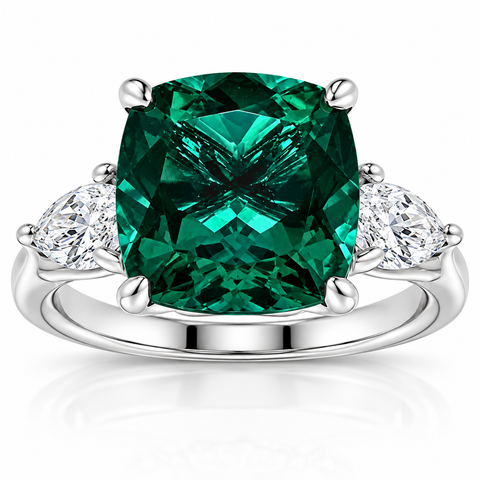 F/VS 7.55Ct Green Emearld Cushion & Marquise Diamond  Ring 14k Gold Lab Grown