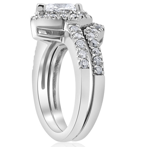 1 1/4ct Pear Shape Lab Grown Diamond Halo Wedding Engagement Set 14K White Gold