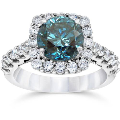 4Ct Blue Diamond Cushion Halo Engagement Ring 14k White Gold