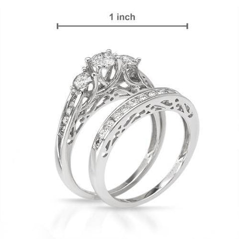 1/2 ct 3 Stone Engagement & Matching Vintage Wedding Ring Set 14K White Gold