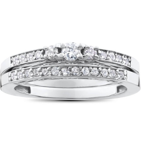 1/2 ct 3 Stone Engagement & Matching   Wedding Ring Set 14K White Gold