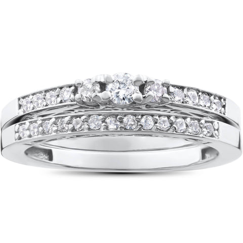 1/2 ct 3 Stone Engagement & Matching Vintage Wedding Ring Set 14K White Gold