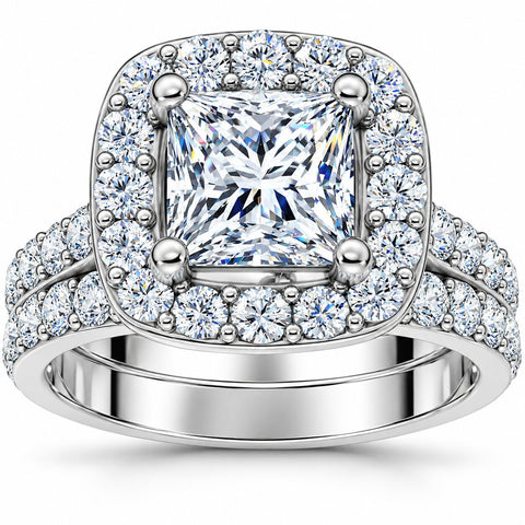 G/SI 2ct Princess Cut Halo Diamond Engagement Ring Wedding Set 14k Gold Enhanced