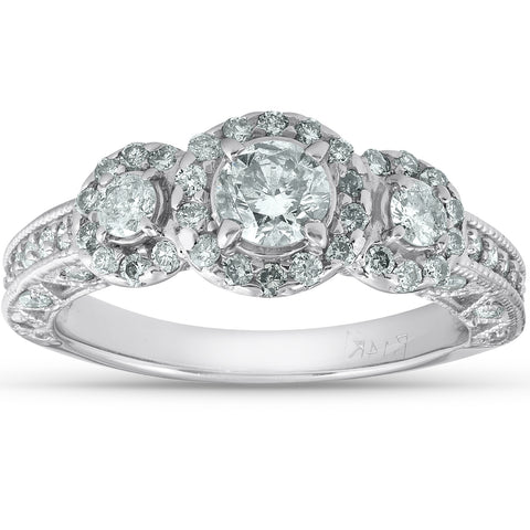 1 1/4ct 3-Stone Vintage Diamond Halo Engagement Ring 14K White Gold