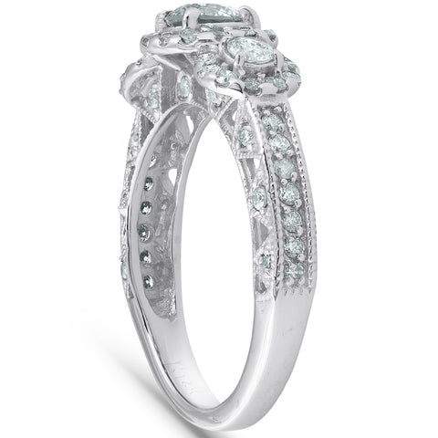 1 1/4ct 3-Stone Vintage Diamond Halo Engagement Ring 14K White Gold