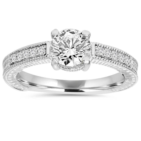 1ct Vintage Diamond Engagment Ring Solid 14K White Gold