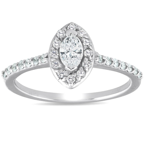 F/VS .50ct Halo Marquise Diamond Engagement 14K White Gold Ring Lab Grown