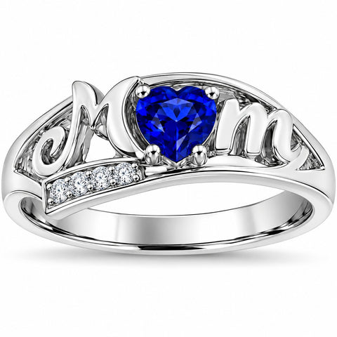 5/8ct Simulated Blue Heart Sapphire & Genuine Diamond MOM Ring 10K White Gold