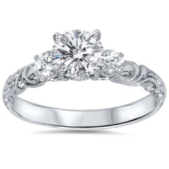 3/4 ct   3 Stone Art Deco Round Diamond Engagement Ring 14K White Gold