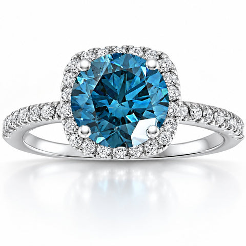 1 3/4 ct Blue Diamond Cushion Halo Engagement Ring 14k White Gold Lab Grown