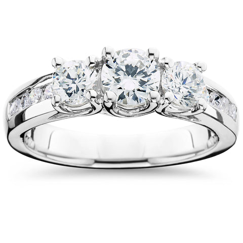 Three Stone Diamond Engagement Ring 2 Carat 14k White Gold Round Cut Solitaire