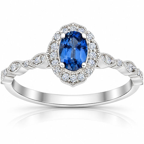 Blue Sapphire   Halo Diamond Engagement 3/4ct Ring 14k White Gold Antique