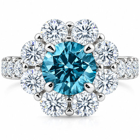 3 1/2Ct TW Blue & White Diamond Halo Engagement Ring 14k White Gold Lab Grown