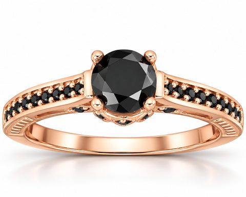 1 1/4ct   Round Cut Black Diamond Engagement Ring 14K Rose Gold
