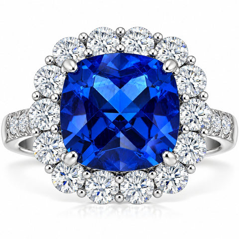 6 1/2 Ct Diamond Halo Created Sapphire Ring 10k White Gold Lab Grown