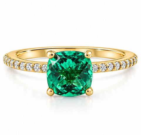 VS 1.75Ct Cushion Emerald & Diamond Ring Gold Lab Grown