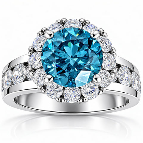 5Ct Blue Diamond Halo Engagement Ring in White Gold Lab Grown