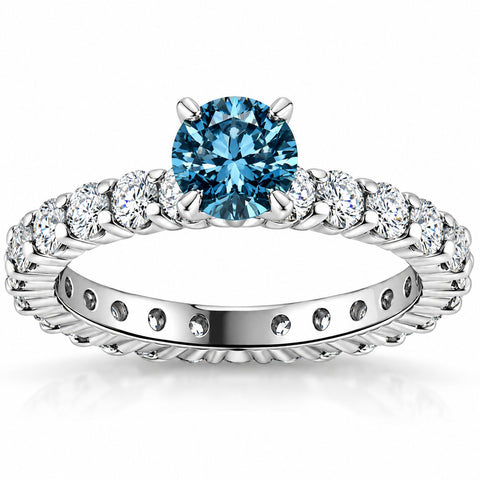 SI 1 1/3Ct Blue & White Diamond Eternity Engagement Ring 14k White Gold