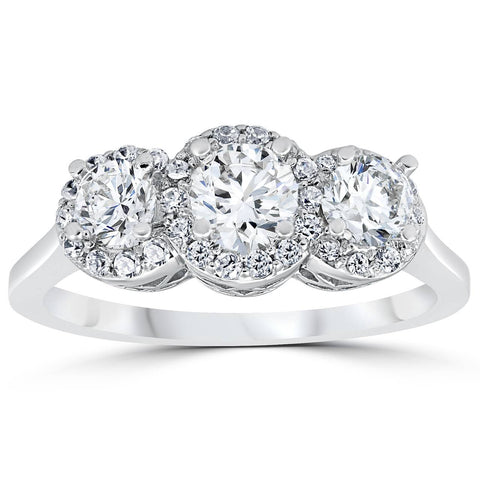 1Ct T.W. Halo Three Stone Round Diamond Engagement Ring 14K White Gold
