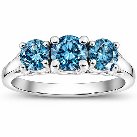VS 1 Ct Blue Diamond 3-Stone Engagement Ring Lab Grown in White or Yellow Gold