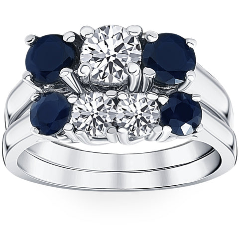 2 3/4ct Treated Blue Sapphire & Diamond Three Stone Ring Set 14K White Gold