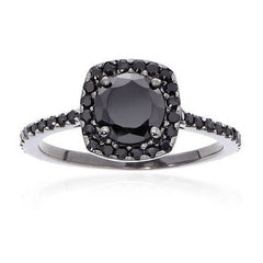 1 1/2ct Black Round Cut Diamond Cushion Halo Engagement Ring 14K Black Gold