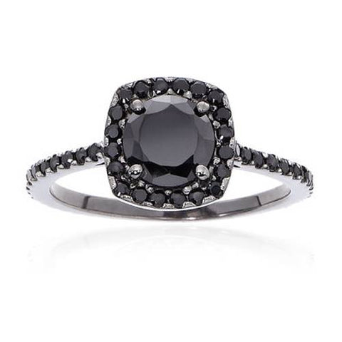 1 1/2ct Black Round Cut Diamond Cushion Halo Engagement Ring 14K Black Gold