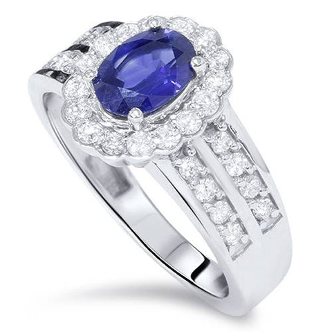 1 1/2ct Treated Oval Sapphire & Diamond Halo Ring 14K White Gold