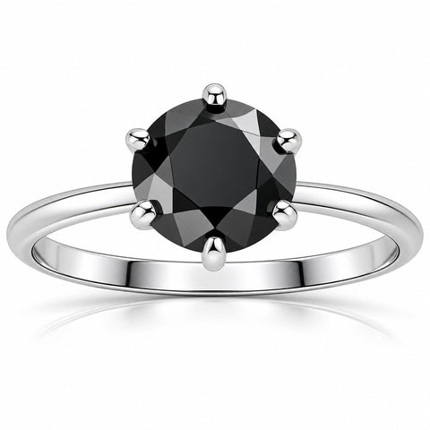 1 1/2 Ct Black Diamond Solitaire Engagement Ring 14k White Gold