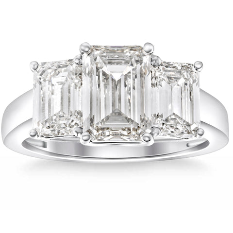 I/VS 3.55Ct TW Emerald Cut Three Stone Engagement Ring 14k White Gold Lab Grown