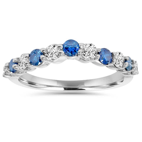 .85Ct Heat Treated Blue & White Diamond Curved Wedding Ring 14K White Gold