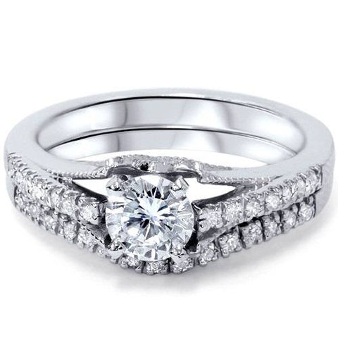 Platinum 1ct Diamond Engagement Matching Wedding Ring Set Vintage Solitaire