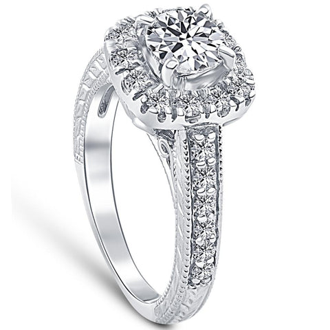 1 1/2ct Cushion Diamond Vintage Halo Engagement Ring 14K White Gold