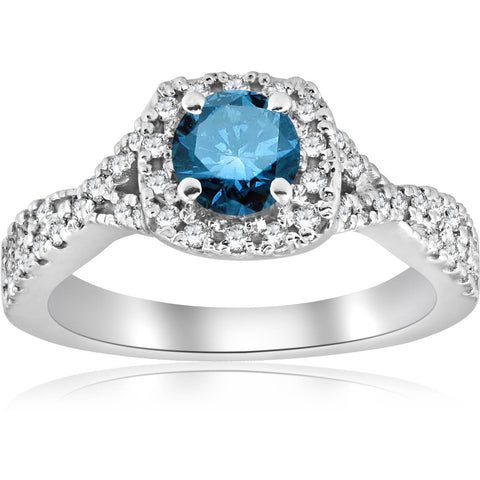 Blue Diamond Cushion Halo Engagement Ring Infintity Band 1ct 14k White Gold