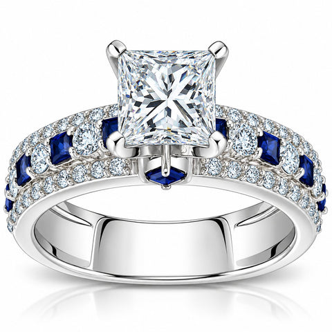 2 3/4ct Princess Cut & Sapphire Diamond Engagement Ring White Gold Lab Grown