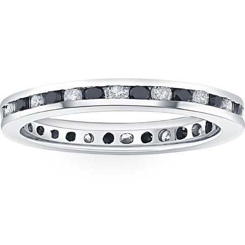 1ct Black & White Diamond Eternity Ring 14K White Gold Channel Set Band