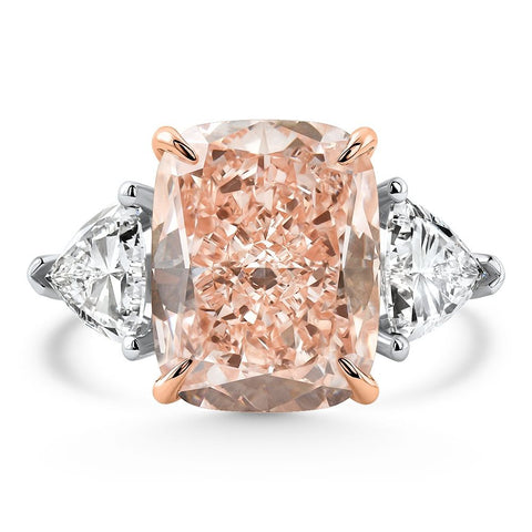 Certified 11.50Ct Cushion Pink Diamond & Trillion 3Stone Ring 14k Gold Lab Grown