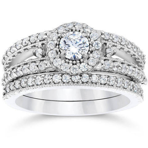 Halo Engagement Bridal Ring Band Set 1.01 Ct Real Diamond Jewelry 14K White Gold