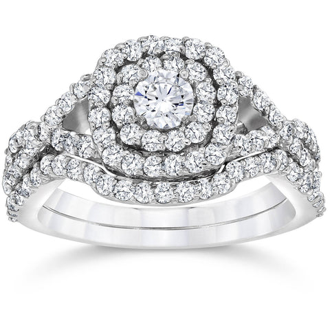 1 1/10Ct TW Cushion Diamond Halo Engagement Matching Wedding Ring Set 10k Gold