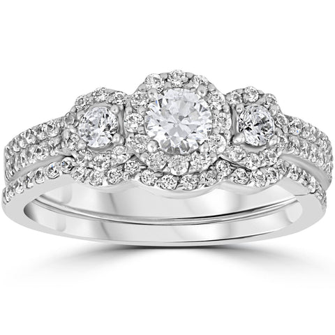 1.00Ct 3 Stone Diamond Engagement Wedding Ring Set 10K White Gold