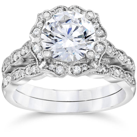 2Ct Diamond Halo Engagement Ring 14K White Gold Wedding Ring Set Lab Grown