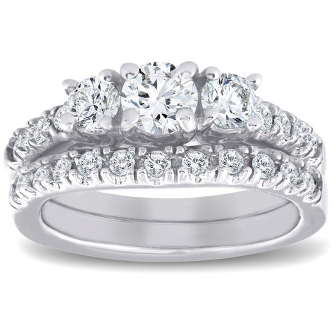 1 1/2 ct 3-Stone Diamond Engagement Ring Matching Wedding Band Set White Gold