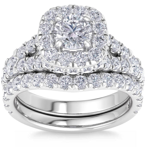 3 1/2Ct Cushion Halo Split Ring Diamond Engagement Set in White Yellow Rose Gold