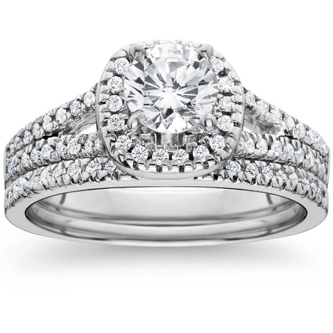 1 ct Cushion Halo Diamond Engagement Ring Set Split Band Wedding 14K White Gold