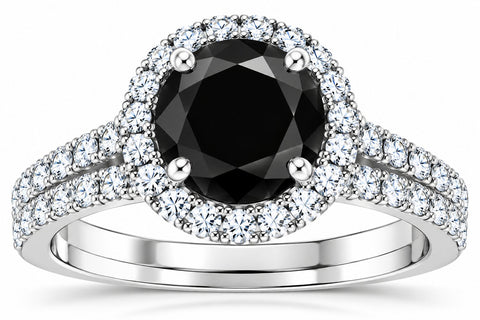 2 1/2 cttw Black Diamond Halo Engagement Wedding Ring Set White Gold Treated