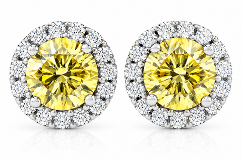 VS 1/2 Ct Halo Fancy Canary Yellow Lab Grown Diamond Studs White Gold Earrings