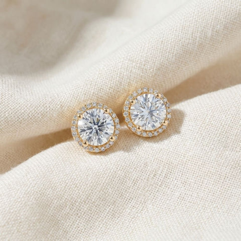 2 1/5 Ct Diamond Halo Screw Back Studs 10k Yellow Gold Lab Grown